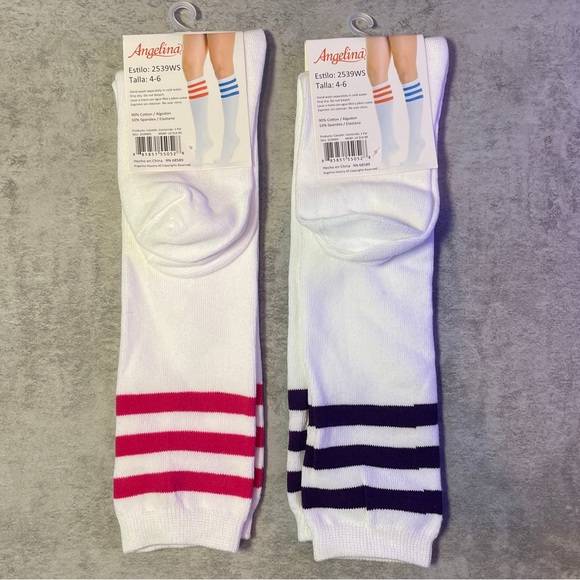 2 Pairs Knee High Socks White w/ Pink Stripes and White w/ Purple Stripes SZ 4-6 - Picture 3 of 6